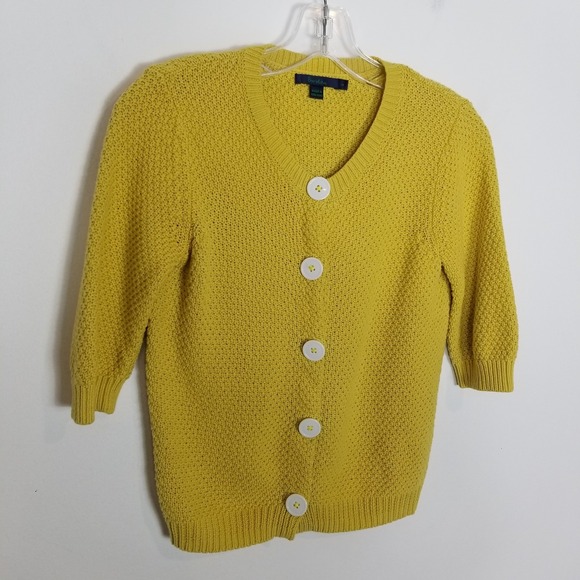 Boden Cotton Knit Short Sleeve Snap Cardigan Sweater Sz 8 Yellow Retro Classic - Picture 2 of 5